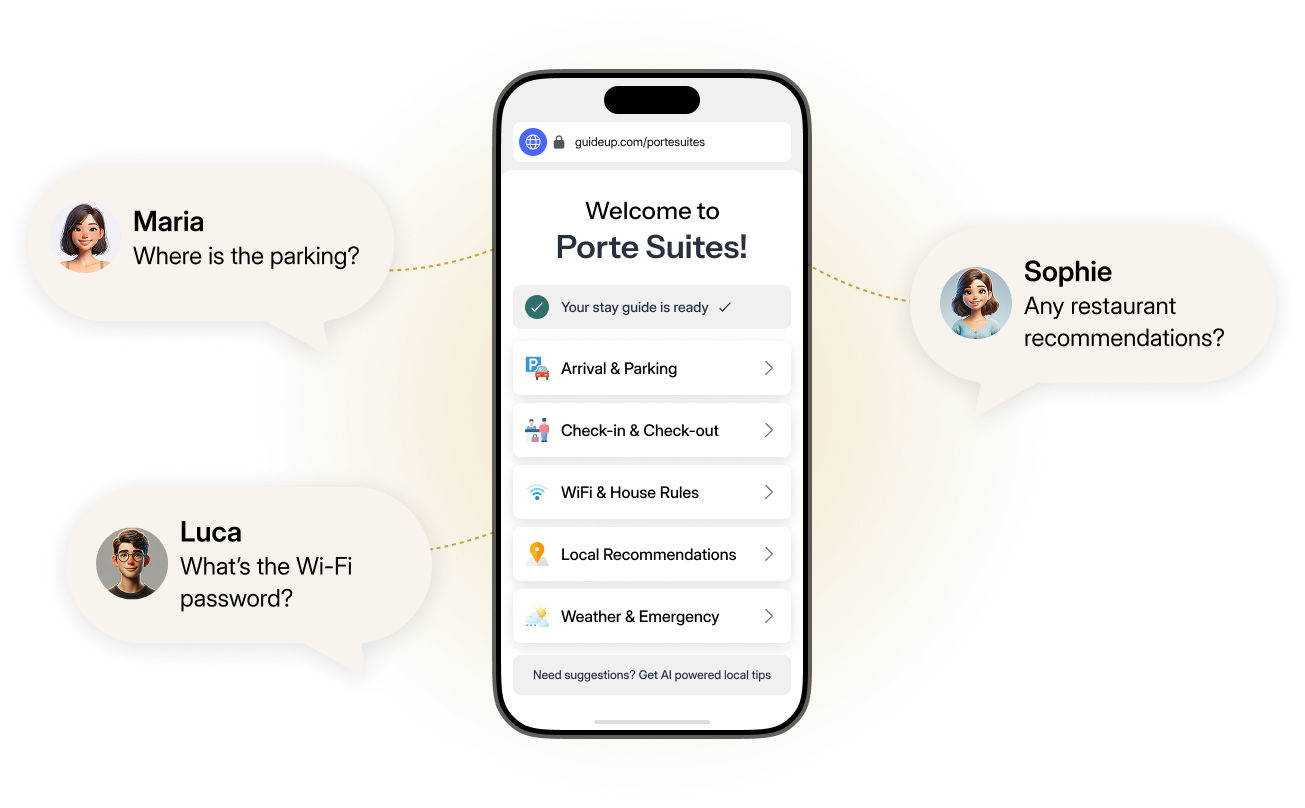 GuideUp guest welcome link on a phone with sample guest questions